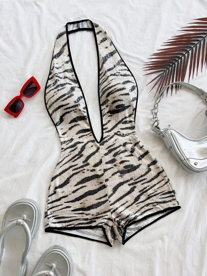 Soleia Women's Vacation Zebra Print Sequin Fabric Deep V Neck Backless Sexy Fitted Romper, Party Jumpsuit, Suitable For Cruise, Holiday, Date, Afternoon Tea, Nightclub, Beach, Island Vacation, Road Trip, Music Festival, Boho Vacation, Can Be Worn Inside Or Outside, All Season Beach Clothes Zebra Print Clothes Summer Swimsuit Swimsuits Casual Zebra Print Bathing Suit