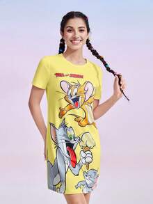 TOM & JERRY X SHEIN 女士可爱卡通印花短袖睡衣连衣裙，休闲夏季款，哞哞睡裙 - 黃色 - 查看 3