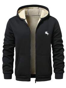 Manfinity Homme 男士秋冬骑士印花拉链连帽卫衣，带保暖内衬，黑色休闲街头风连帽衫，保暖内衬 - 黑色 - 查看 3