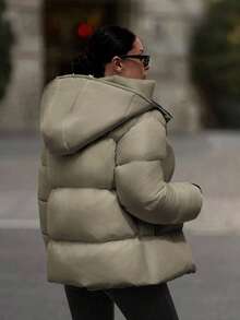 EURMUSE Hooded Zipper Detailed Contrast Rib Cuff Quilted Women's Casual Puffer Down Jacket - Mocha Brown - View 2