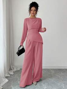 SHEIN Raffinéa 2 件女士纯色褶皱下摆不对称下摆长袖套装端庄两件套 2 件休闲套装女士两件套女士优雅长袖女士优雅 - 藕粉色 - 查看 5