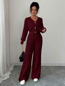 Elenzga Women's Elegant Diamond Texture Pearl Button Front Blouse & Loose Fit Pants Knit Two Pieces Set - Burgundy - View 7