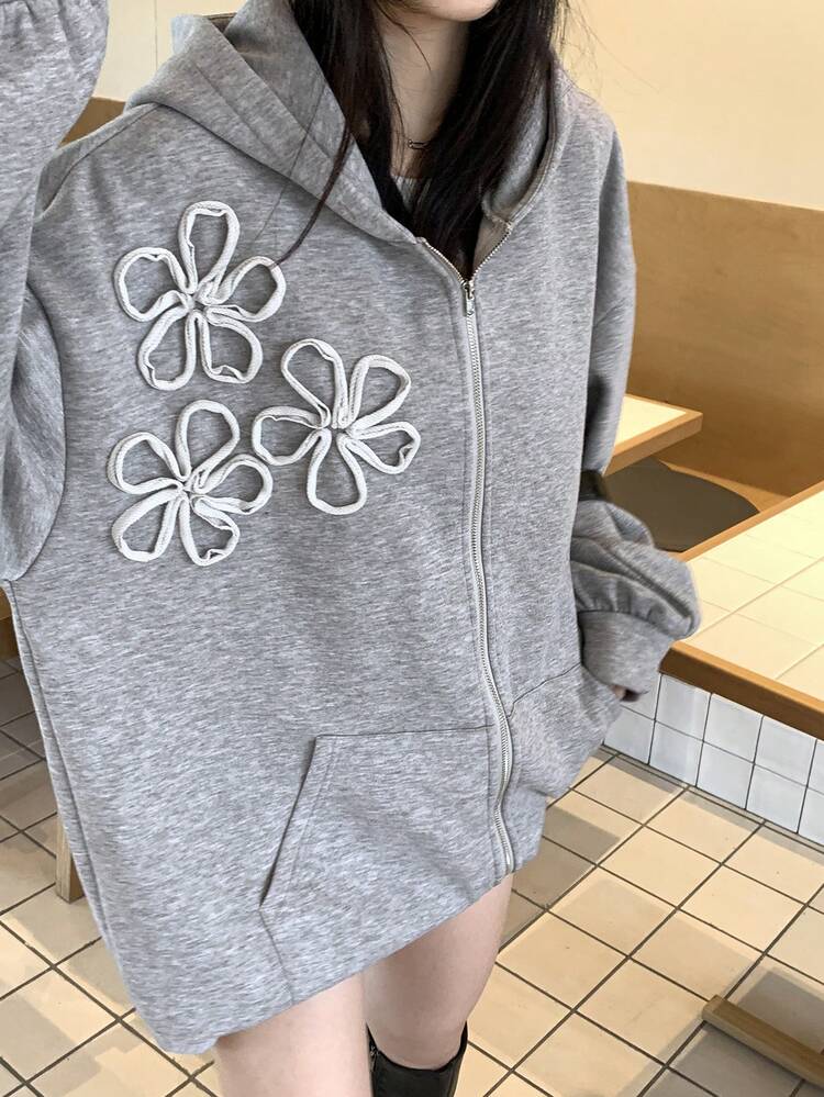 Women's Autumn/Winter Floral Decor Hooded Zip-Up Casual Sweatshirt Hoodies
