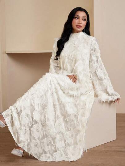 Veilorie Women's Elegant Party Solid Color Flare Sleeve Tassel Arabic Style Dress