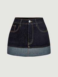 SHEIN MOD Minifalda de mezclilla casual de mujer con bloqueo de color lavado y parches