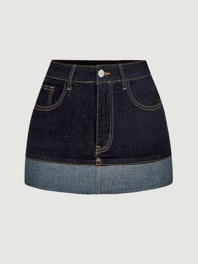 SHEIN MOD Minifalda de mezclilla casual de mujer con bloqueo de color lavado y parches