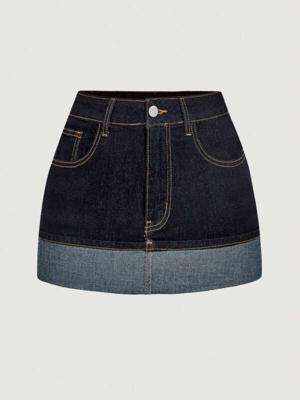 SHEIN MOD Minifalda de mezclilla casual de mujer con bloqueo de color lavado y parches