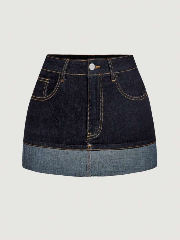 SHEIN MOD Minifalda de mezclilla casual de mujer con bloqueo de color lavado y parches - Azul lavado oscuro - Añade 1