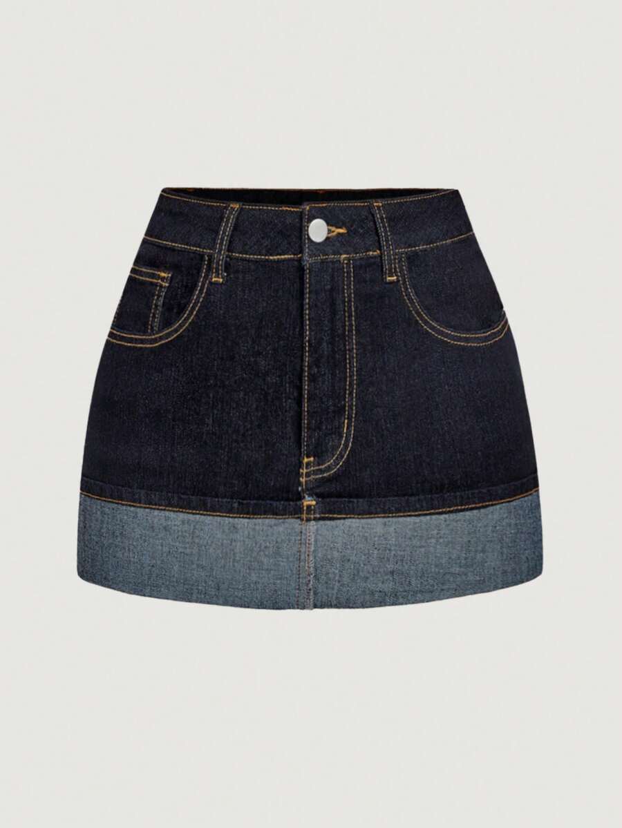 SHEIN MOD 女士休闲水洗撞色拼接牛仔迷你裙 - 深色水洗藍 - 查看 1