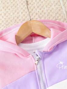 2pcs/Set Young Girls Contrast Color Block Hooded Zipper Sweatshirt Sweatshirt And Drawstring Pants Outfit, Autumn/Winter - Multicolor - View 4