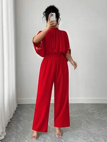 Elenzga 大码女式优雅短袖连体裤，立领，后系带，刺绣袖口，适合日常和派对穿着 - 紅色 - 查看 5