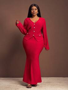 Slaydiva Bộ đồ 2 món cỡ lớn thu/đông 2025 dành cho nữ, gồm áo dài tay cổ chữ V họa tiết và chân váy ôm sát gấu váy đuôi cá, thanh lịch cho lễ hội âm nhạc, đám cưới, hẹn hò, tiệc tùng và đi làm - Đỏ - Xem 8