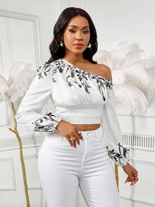 Lunelith SHEIN Lunessa 女士时尚斜肩灯笼袖松紧袖口收腰上衣，度假花卉印花休闲通勤装 - 彩色 - 查看 6