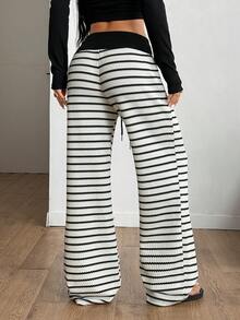 Coolane Women's Spring/Summer Boho Casual Chic Vacation Outfits Old Money Striped Cable-Knit Comfortable Black And White Loose Straight Pants - Black and White - View 7