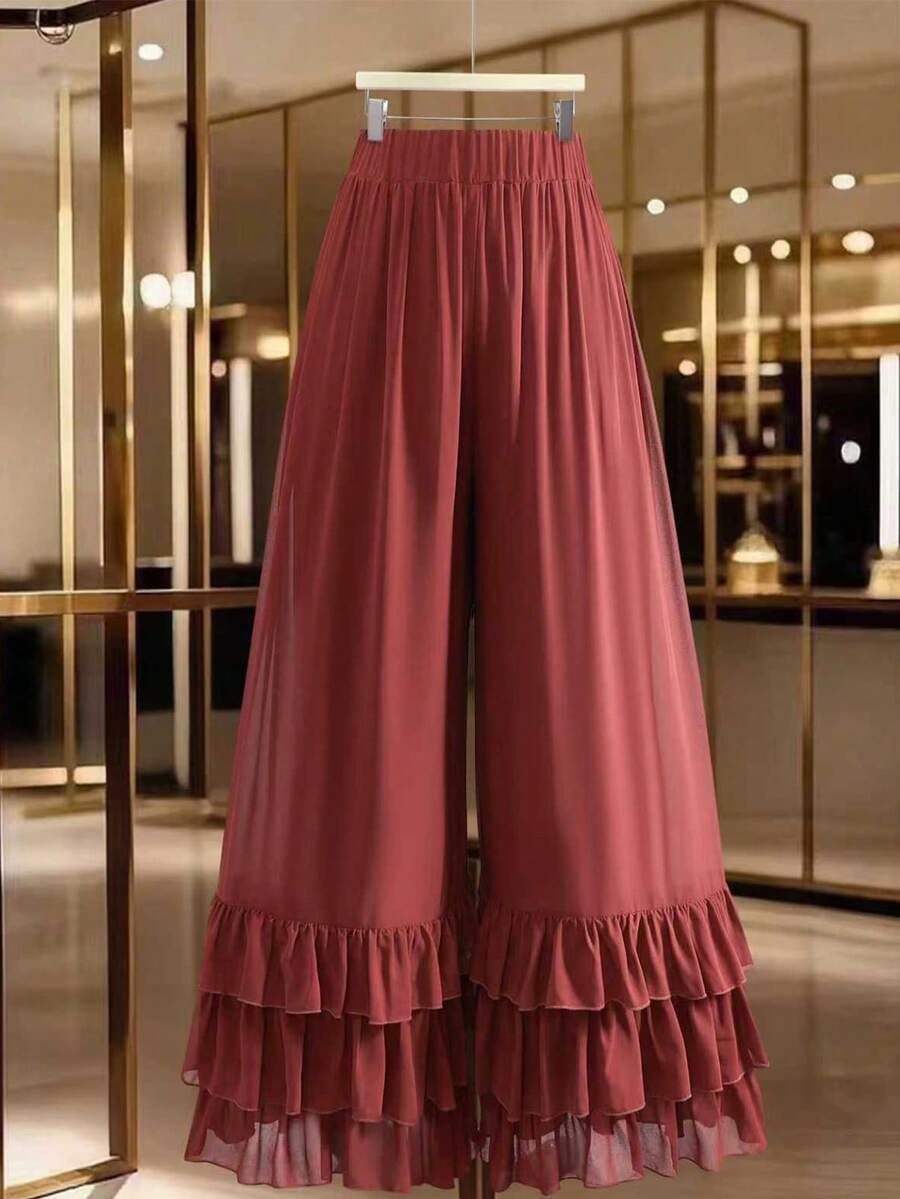 GlowEve CURVE 大码女式阔腿喇叭裤，层叠蛋糕喇叭裤，度假飘逸裤 - 紅木色 - 查看 1