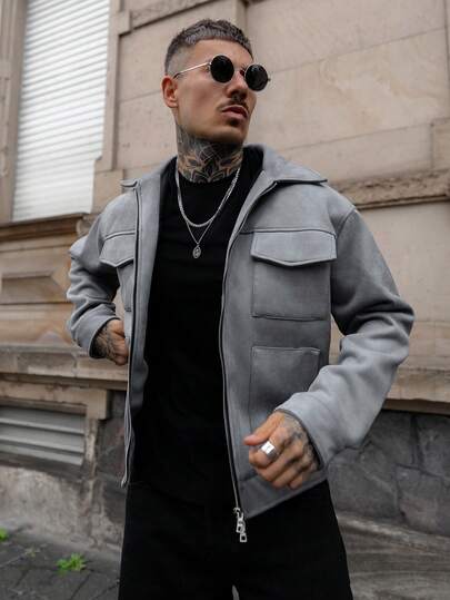 Artur Kramer 男士翻盖口袋拉链绒面革夹克，适合秋冬