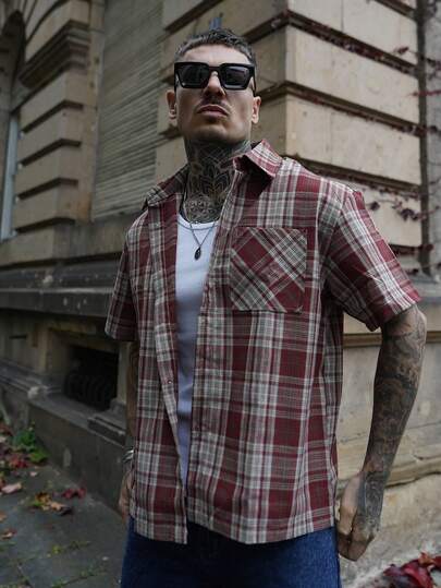 Artur Kramer Loose And Short-Sleeved Plaid Shirts With Buttons For Men