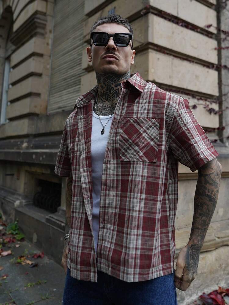 Artur Kramer 男士宽松短袖纽扣格子衬衫 - 紅色 - 查看 1