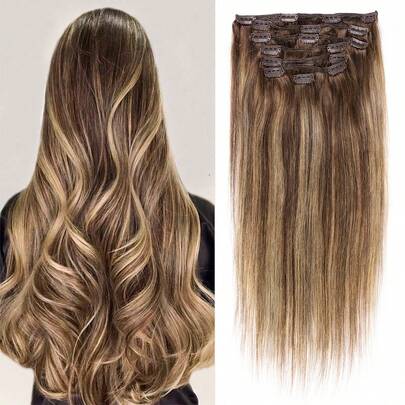 Extensiones de cabello humano con clip, cabello castaño oscuro mezclado con rubio caramelo en degradé de 120g, extensiones de cabello humano recto Remy de 18-24 pulgadas con raíces oscuras y efecto ombre, set de 7 piezas