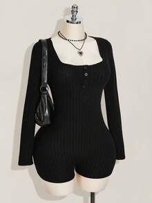 SHEIN ICON Bộ đồ liền thân tay dài cổ lọ màu đen cổ điển thường ngày cỡ lớn dành cho nữ, mùa thu/đông - màu đen - Xem 1