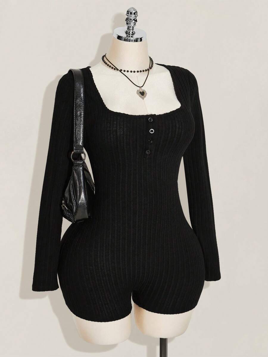 SHEIN ICON Bộ đồ liền thân tay dài cổ lọ màu đen cổ điển thường ngày cỡ lớn dành cho nữ, mùa thu/đông - màu đen - Xem 1