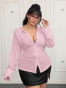 SHEIN EZwear 大码女式单排扣休闲腰收腰粉色长袖衬衫 - 粉色 - 查看 3