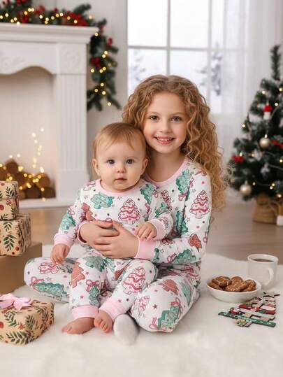 2pcs Baby Girls' Cute Christmas Pattern Print Long Sleeve Bodysuit & Pants Pajama Set
