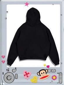 ROMWE MEN Paul Frank X ROMWE بلوزة رجالية بغطاء رأس مطبوع عليها حروف ورسوم كرتونية، بأكمام طويلة، باللون الأسود، للخريف والشتاء - الأسود - مشاهدة 2