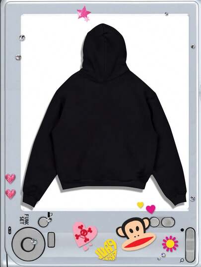 Paul Frank X ROMWE Men's Letter & Cartoon Graphic Hooded Long Sleeve Pullover Sweatshirt, Black , Fall Winter