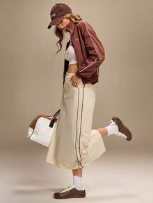 Hanevo Women's Casual Sports Snap Button Slant Pocket Side Ruched Slit Skirt - Apricot - View 5