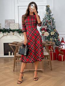 EMERY ROSE 女士圣诞格子收腰中长连衣裙 - 紅色 - 查看 4