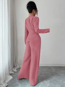SHEIN Raffinéa 2 件女士纯色褶皱下摆不对称下摆长袖套装端庄两件套 2 件休闲套装女士两件套女士优雅长袖女士优雅 - 藕粉色 - 查看 2