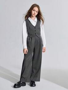 Ontre Tween Girl Striped Vest, Collared Long Sleeve Shirt, And Striped Pants Set Fall Winter - Grey - View 4