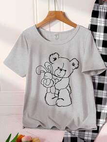 SHEIN 2件套少女纯白色圆领短袖上衣和裤子休闲舒适家居服套装 - 灰色 - 查看 4