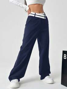 SHEIN EZwear 女性拼接色彩不對稱腰身直筒休閒褲，設有口袋 - 藏蓝色 - 查看 2