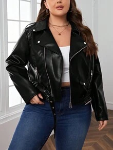 CosyJoli 大码女装秋冬春装时尚休闲宽松基础款黑色长袖PU皮夹克外套，Y2K风格，街头风，春季，女式外套，2000年代风格，迪斯科秋冬 - 黑色 - 查看 4