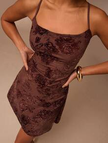 Glamine Sleeveless Flocking Mini Cami Dress For Women Brown With Spaghetti Straps Flared Hem Tie Back And All-Over Plant Pattern - Brown - View 3