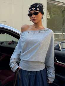 SHEIN EZwear Women's New Asymmetrical Oblique Shoulder Collar Eyelet Design Waist Sweatshirt For Going Out Outfits, Streetwear, Y2K Clothes - Grey - View 3