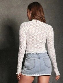 WESTFADE Top transparent cu mânecă lungă, model salată verde, mulat, din dantelă florală, toamnă, toamnă, iarnă, boho, casual, petrecere, ieșiri în oraș, sărbători, Crăciun, Anul Nou, concert country, ținute western - alb - Vizualizare 2