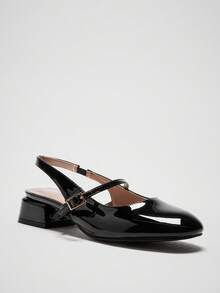 Solezae #FrenchChic 女士法式优雅方头粗跟漆皮黑色露跟高跟鞋 - 简约时尚、永恒而富有女人味。 - 黑色 - 查看 6