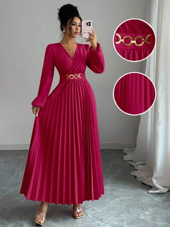 Elenzga Robe d'anniversaire à ourlet plissé avec décoration de chaîne métallique, élégante pour les occasions de mariage. Femmes, automne/hiver, retour à l'école