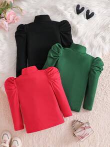 SHEIN Elladie kids 年轻女孩纯色高领羊腿袖休闲T恤 - 彩色 - 查看 2