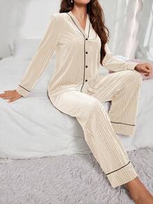 Velvet Women's Cardigan Long Sleeve Top & Pants Pajama Set, Fall & Winter Clothes - Apricot - View 4