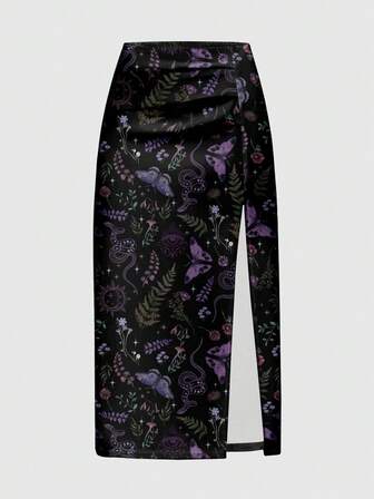 Goth Gonna lunga con spacco alto, stampa floreale misteriosa viola e nera, con sole, luna, stelle, farfalle e serpenti, per donna