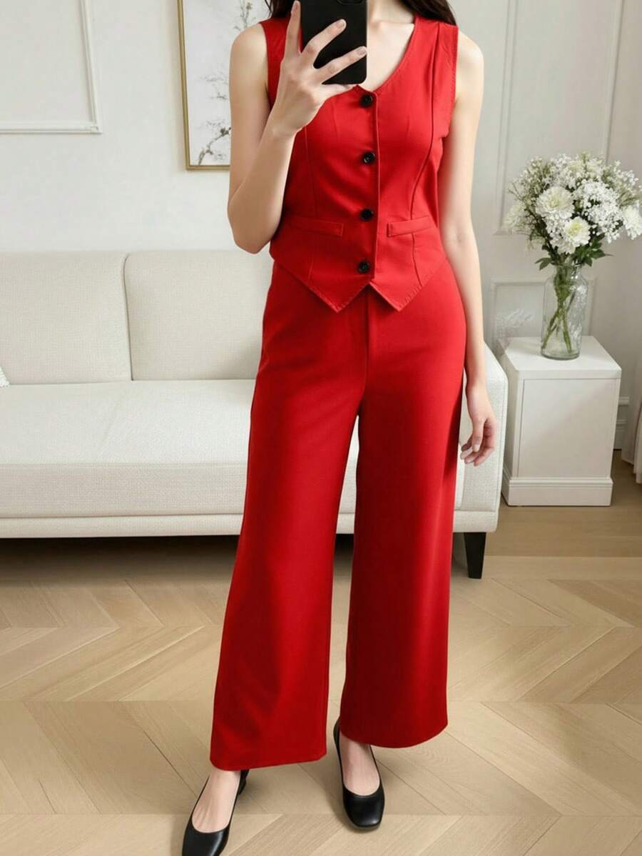 SHEIN 2pcs Vintage American Leopard Print Girl's Basic Short Sleeve Top And Long Pants Set, For Teenage Girls - Red - View 1