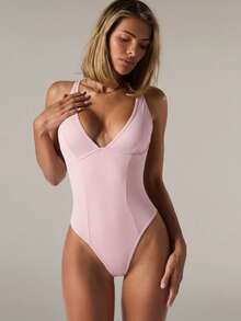 SHEIN BAE 女式性感深V领连体裤，夏季 - 粉色 - 查看 6