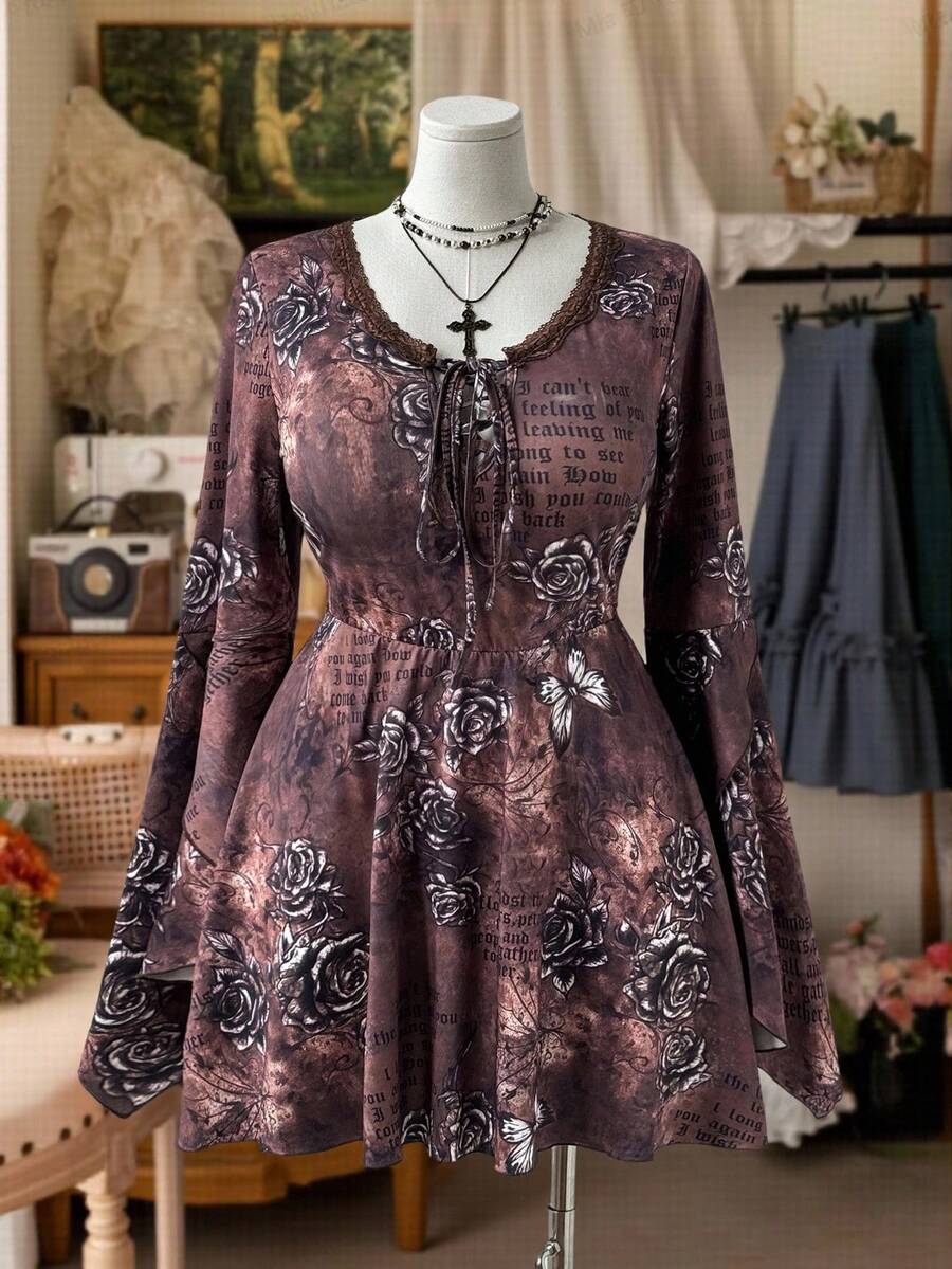 Sweetra Vestido casual de estilo universitario retro para mujer de talla grande, 2025 Nuevo, con cuello en V, abertura y lazo en el pecho, mangas acampanadas, silueta bohemia A-line estilo Y2K, vestido de moda vintage elegante para uso diario, escuela, citas, té de la tarde, vacaciones