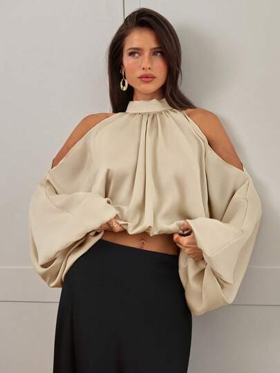 Aloruh Women's New Satin Blouse, Long Sleeve Top, Solid Color Champagne White, Puff Sleeve Design, Elegant And Sexy Party Wear, Autumn/Winter