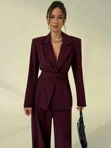Aloruh 女士优雅商务套装，外套和裤子 - 中紫紅色 - 查看 5