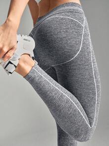 Easithlete 1 件吸湿排汗面料撞色腰带设计基本款黑白运动裤，适合健身、瑜伽，无缝 - 淺灰色 - 查看 4